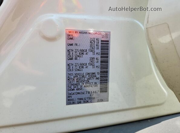 5N1AT2MV2GC783467 2016 NISSAN ROGUE White VIN sticker view
