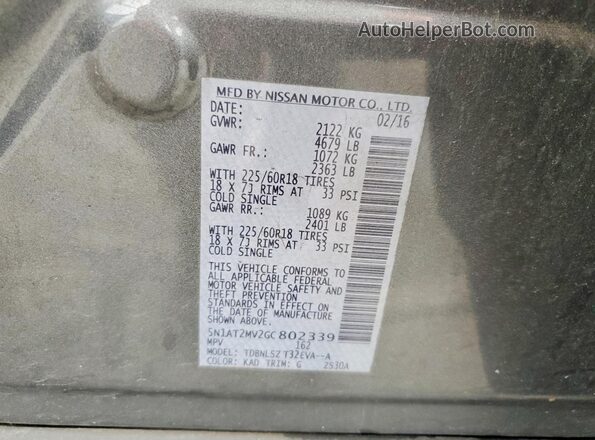 5N1AT2MV2GC802339 2016 NISSAN ROGUE Gray Vista interior de 360 grados
