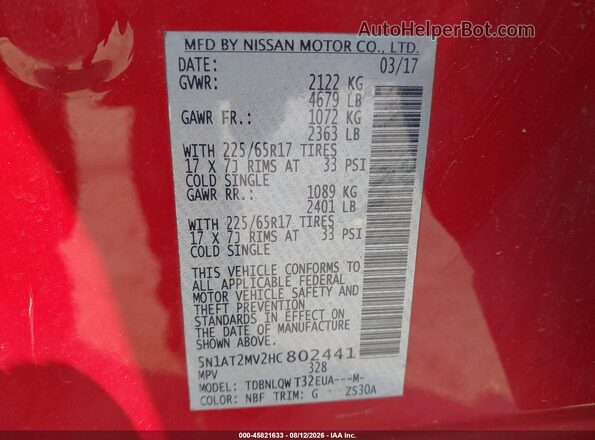 5N1AT2MV2HC802441 2017 NISSAN ROGUE Красный Вид подкапотного пространства