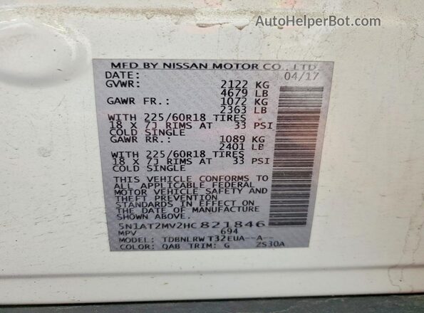 5N1AT2MV2HC821846 2017 NISSAN ROGUE White VIN կոդի պիտակի տեսք