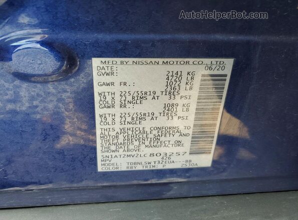 5N1AT2MV2LC803257 2020 NISSAN ROGUE Blue Widok naklejki z numerem VIN