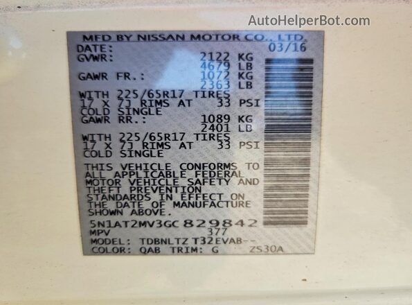 5N1AT2MV3GC829842 2016 NISSAN ROGUE White Widok naklejki z numerem VIN
