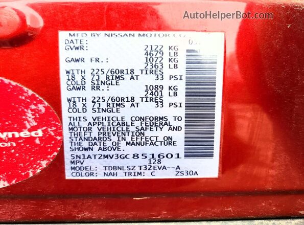 5N1AT2MV3GC851601 2016 NISSAN ROGUE Red Widok wnętrza 360 stopni