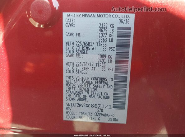 5N1AT2MV3GC867121 2016 NISSAN ROGUE Red ძრავის განყოფილების ხედი