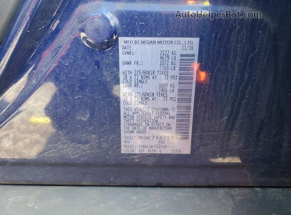 5N1AT2MV3HC748759 2017 NISSAN ROGUE Blue VIN კოდის სტიკერის ხედი