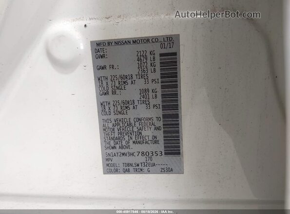 5N1AT2MV3HC780353 2017 NISSAN ROGUE White Вид підкапотного простору