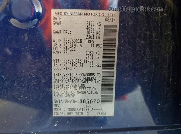 5N1AT2MV3HC885670 2017 NISSAN ROGUE Blue VIN sticker view