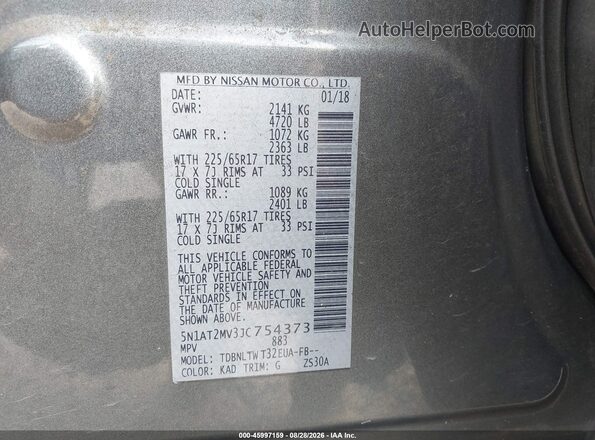 5N1AT2MV3JC754373 2018 NISSAN ROGUE Gray Engine compartment view