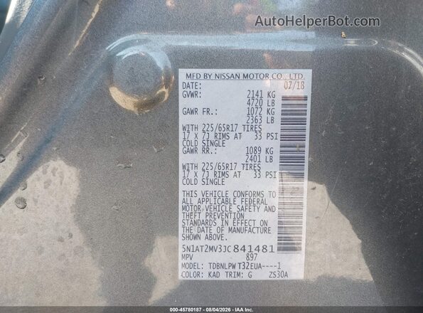 5N1AT2MV3JC841481 2018 NISSAN ROGUE Gray Vista del compartimento del motor