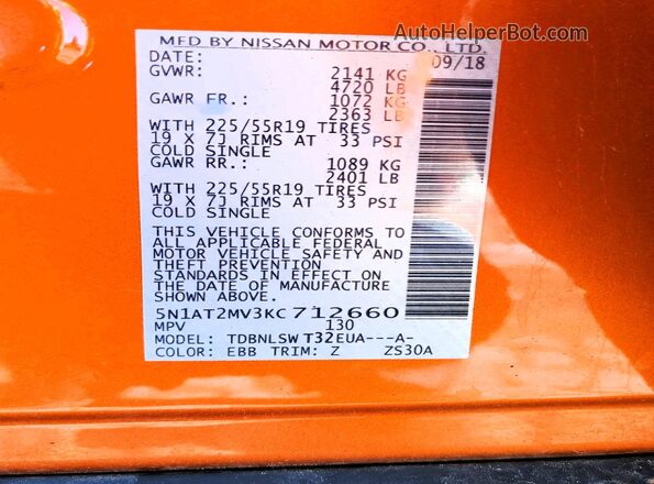 5N1AT2MV3KC712660 2019 NISSAN ROGUE Orange VIN კოდის სტიკერის ხედი