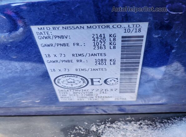 5N1AT2MV3KC722637 2019 NISSAN ROGUE Blue Вид наклейки з VIN-кодом