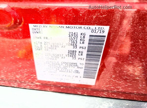 5N1AT2MV3KC766783 2019 NISSAN ROGUE Burgundy Vista de la etiqueta del VIN