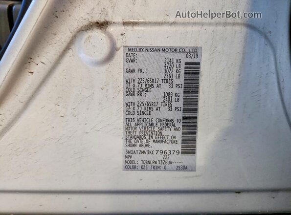 5N1AT2MV3KC796379 2019 NISSAN ROGUE Silver VIN կոդի պիտակի տեսք