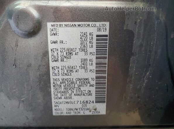 5N1AT2MV3LC716824 2020 NISSAN ROGUE Gray Սալոնի 360 աստիճան տեսք