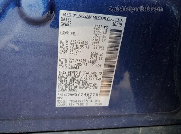 5N1AT2MV3LC746776 2020 NISSAN ROGUE Blue VIN კოდის სტიკერის ხედი