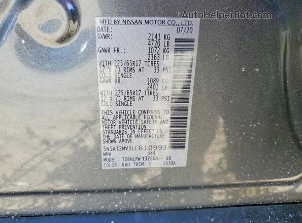 5N1AT2MV3LC810993 2020 NISSAN ROGUE Gray Widok wnętrza 360 stopni