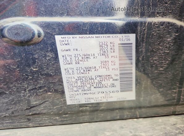 5N1AT2MV4GC795569 2016 NISSAN ROGUE Синий Вид наклейки с VIN-кодом