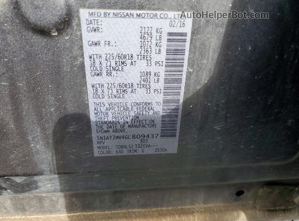 5N1AT2MV4GC809437 2016 NISSAN ROGUE Gray VIN კოდის სტიკერის ხედი
