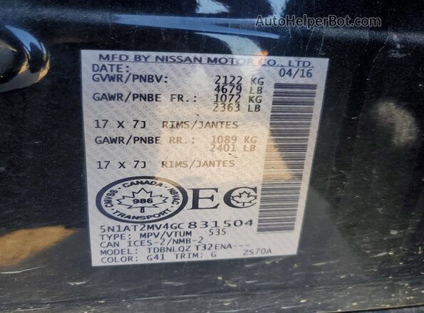 5N1AT2MV4GC831504 2016 NISSAN ROGUE Black Вид наклейки з VIN-кодом