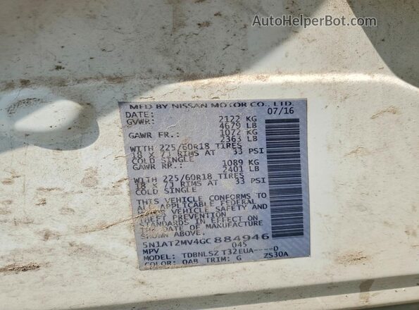 5N1AT2MV4GC884946 2016 NISSAN ROGUE White Вид підкапотного простору