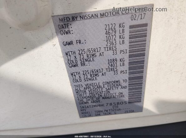 5N1AT2MV4HC785805 2017 NISSAN ROGUE Белый Вид подкапотного пространства