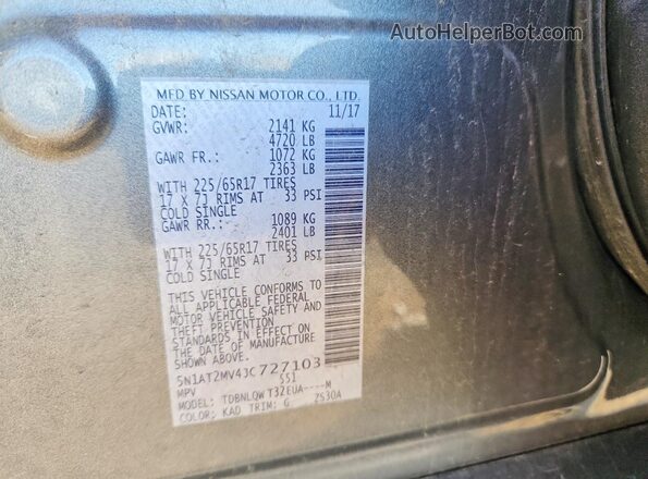 5N1AT2MV4JC727103 2018 NISSAN ROGUE Gray Widok naklejki z numerem VIN