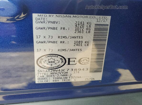 5N1AT2MV4JC738943 2018 NISSAN ROGUE Blue VIN կոդի պիտակի տեսք