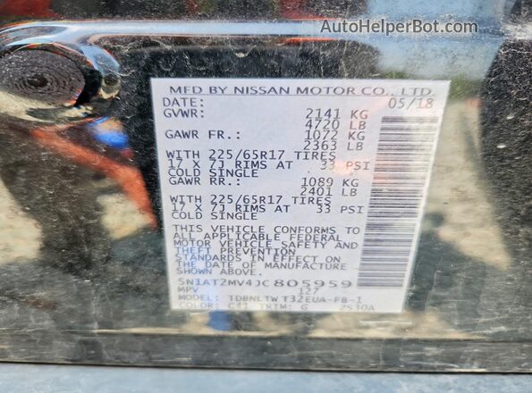 5N1AT2MV4JC805959 2018 NISSAN ROGUE Black Vista de la etiqueta del VIN