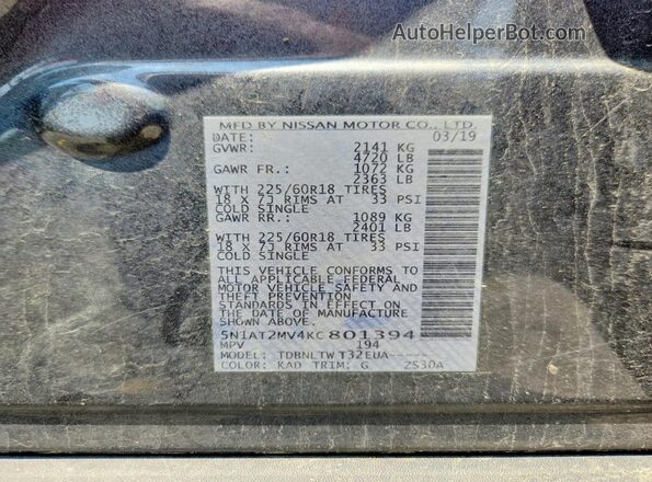 5N1AT2MV4KC801394 2019 NISSAN ROGUE Gray VIN կոդի պիտակի տեսք