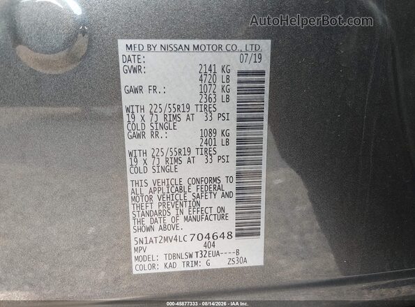 5N1AT2MV4LC704648 2020 NISSAN ROGUE Gray Շարժիչի բաժամունքի տեսք