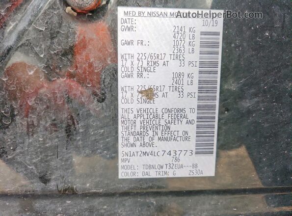 5N1AT2MV4LC743773 2020 NISSAN ROGUE Зеленый Панорамный вид салона 360°