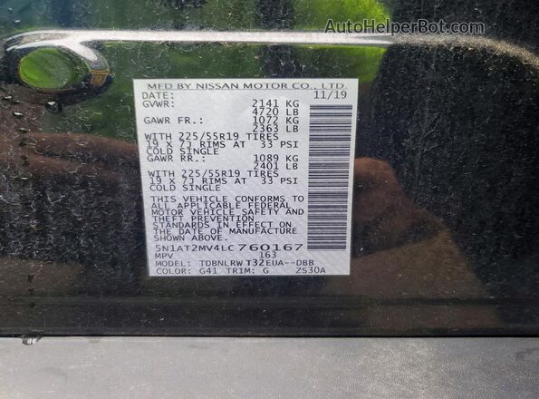 5N1AT2MV4LC760167 2020 NISSAN ROGUE Black Widok naklejki z numerem VIN