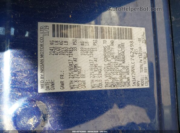 5N1AT2MV4LC762498 2020 NISSAN ROGUE Blue Widok komory silnika