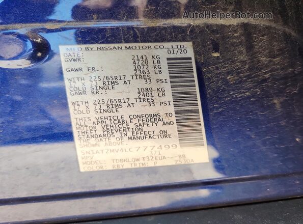 5N1AT2MV4LC777499 2020 NISSAN ROGUE Blue VIN sticker view