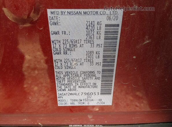 5N1AT2MV4LC796053 2020 NISSAN ROGUE Red Engine compartment view