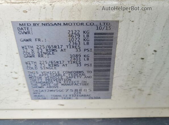 5N1AT2MV5GC758885 2016 NISSAN ROGUE White VIN sticker view
