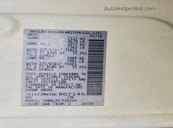 5N1AT2MV5GC807146 2016 NISSAN ROGUE Белый Вид наклейки с VIN-кодом