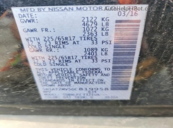 5N1AT2MV5GC819958 2016 NISSAN ROGUE Black VIN კოდის სტიკერის ხედი