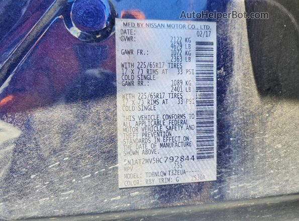 5N1AT2MV5HC792844 2017 NISSAN ROGUE Blue Widok naklejki z numerem VIN