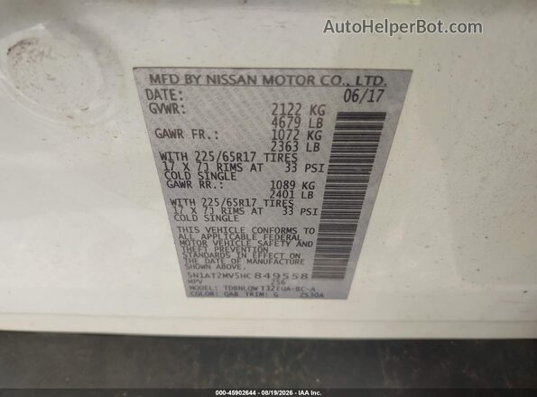 5N1AT2MV5HC849558 2017 NISSAN ROGUE Белый Вид подкапотного пространства
