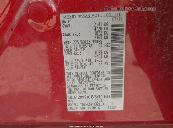 5N1AT2MV5JC830160 2018 NISSAN ROGUE Red Vista del compartimento del motor