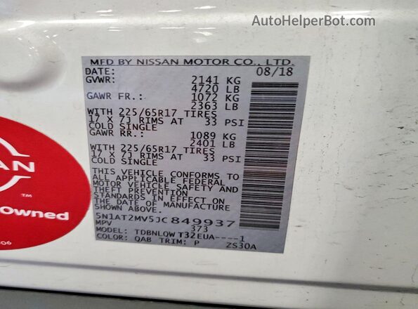 5N1AT2MV5JC849937 2018 NISSAN ROGUE White VIN კოდის სტიკერის ხედი