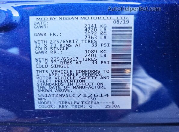 5N1AT2MV5LC712614 2020 NISSAN ROGUE Blue Widok wnętrza 360 stopni
