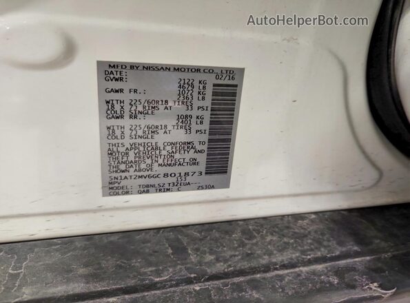 5N1AT2MV6GC801873 2016 NISSAN ROGUE White Vista de la etiqueta del VIN