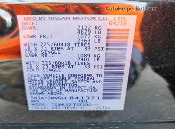 5N1AT2MV6GC841371 2016 NISSAN ROGUE Black Widok naklejki z numerem VIN