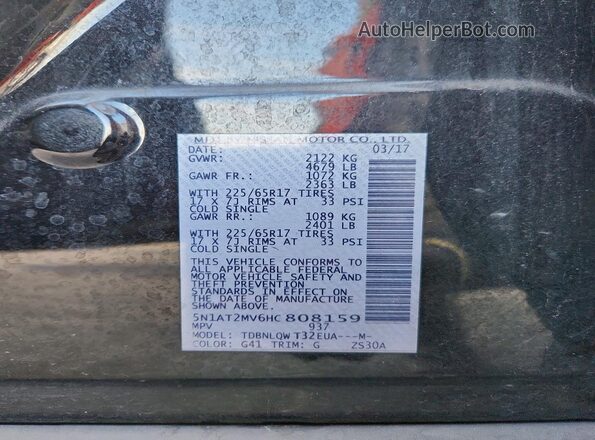 5N1AT2MV6HC808159 2017 NISSAN ROGUE Black Widok naklejki z numerem VIN