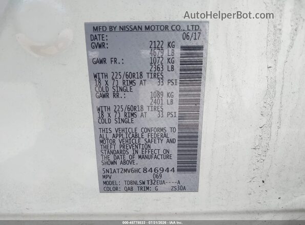 5N1AT2MV6HC846944 2017 NISSAN ROGUE White Vista del compartimento del motor