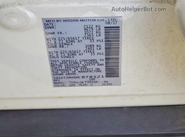5N1AT2MV6HC878521 2017 NISSAN ROGUE Белый 