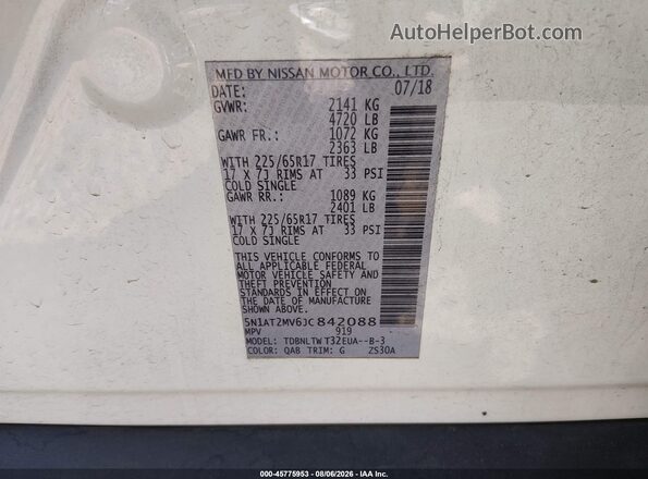 5N1AT2MV6JC842088 2018 NISSAN ROGUE Белый Вид подкапотного пространства
