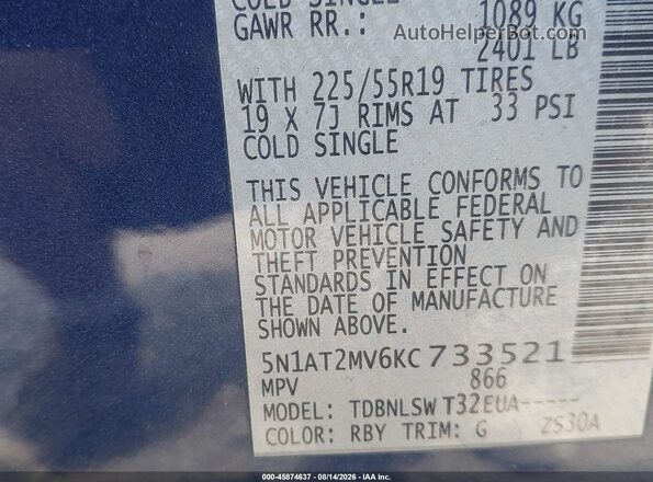 5N1AT2MV6KC733521 2019 NISSAN ROGUE Blue Widok komory silnika